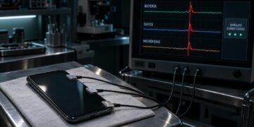 Celular conectado a un monitor que relaciona picos de batería, datos y micrófono