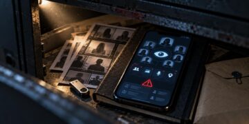 Teléfono oculto con una app de visitantes que solicita acceso a contactos, fotos, micrófono y ubicación