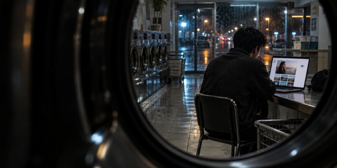 Persona desconocida consultando en secreto el perfil de otra persona desde una lavandería nocturna