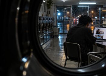 Persona desconocida consultando en secreto el perfil de otra persona desde una lavandería nocturna