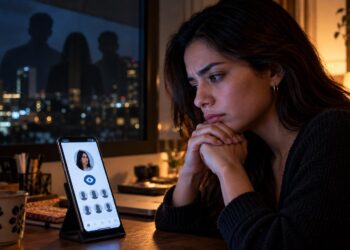 Mujer observando un celular colocado sobre la mesa con una lista de visitantes anónimos de su perfil