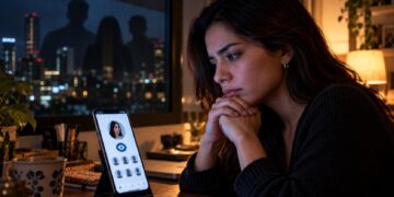 Mujer observando un celular colocado sobre la mesa con una lista de visitantes anónimos de su perfil