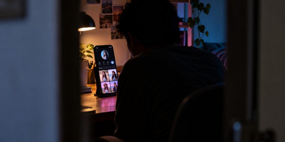 Persona desconocida observando clandestinamente un perfil de TikTok desde una habitación oscura