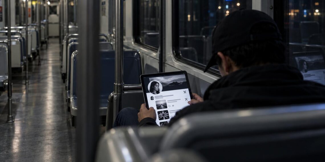 Persona desconocida consultando en secreto el perfil de X de otra persona en un vagón nocturno