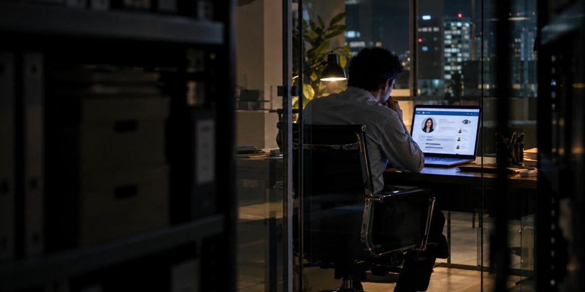 Persona desconocida consultando en secreto el perfil profesional de otra persona en una oficina después de hora