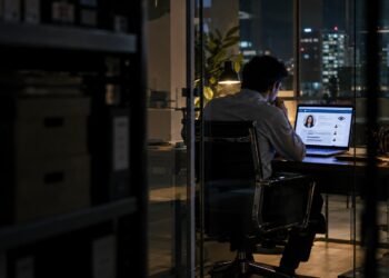 Persona desconocida consultando en secreto el perfil profesional de otra persona en una oficina después de hora