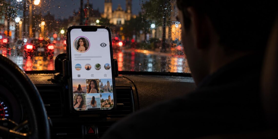 Persona desconocida consultando clandestinamente un perfil de Instagram desde un automóvil