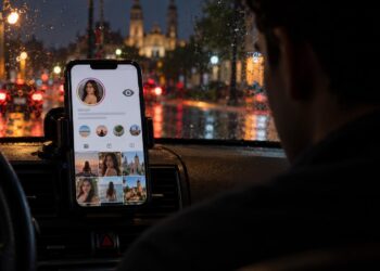 Persona desconocida consultando clandestinamente un perfil de Instagram desde un automóvil
