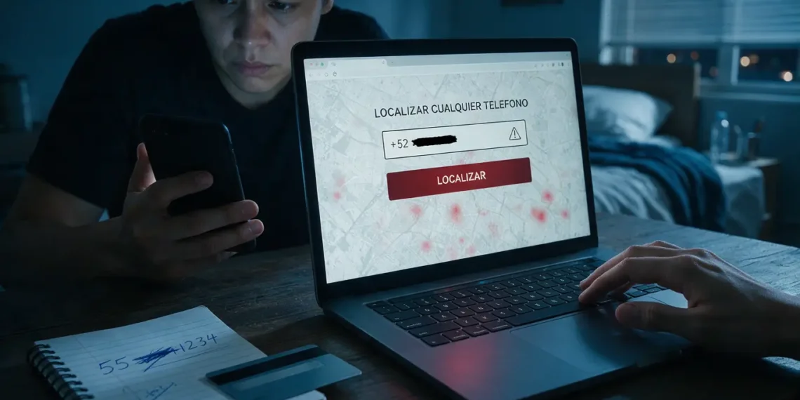 Persona comprobando una web que promete rastrear un celular por número en México