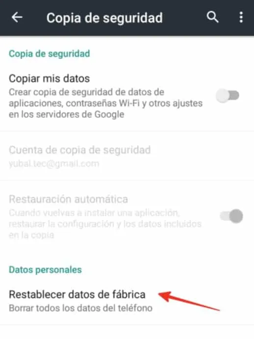 Restablecer configuración fabrica en android