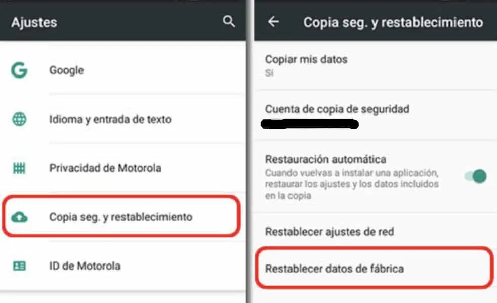 Restablecer la configuración de fábrica desde el menú de Ajustes