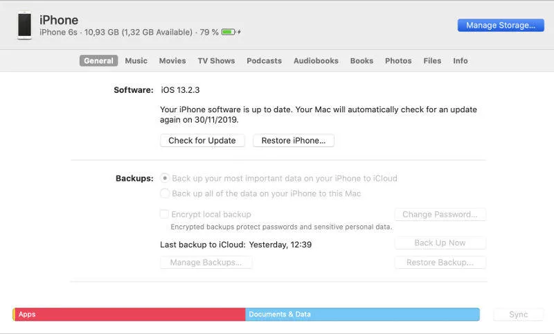 almacenamiento de iPhone desde iTunes