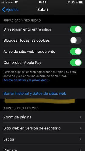 borrar cache iPhone iPad safari