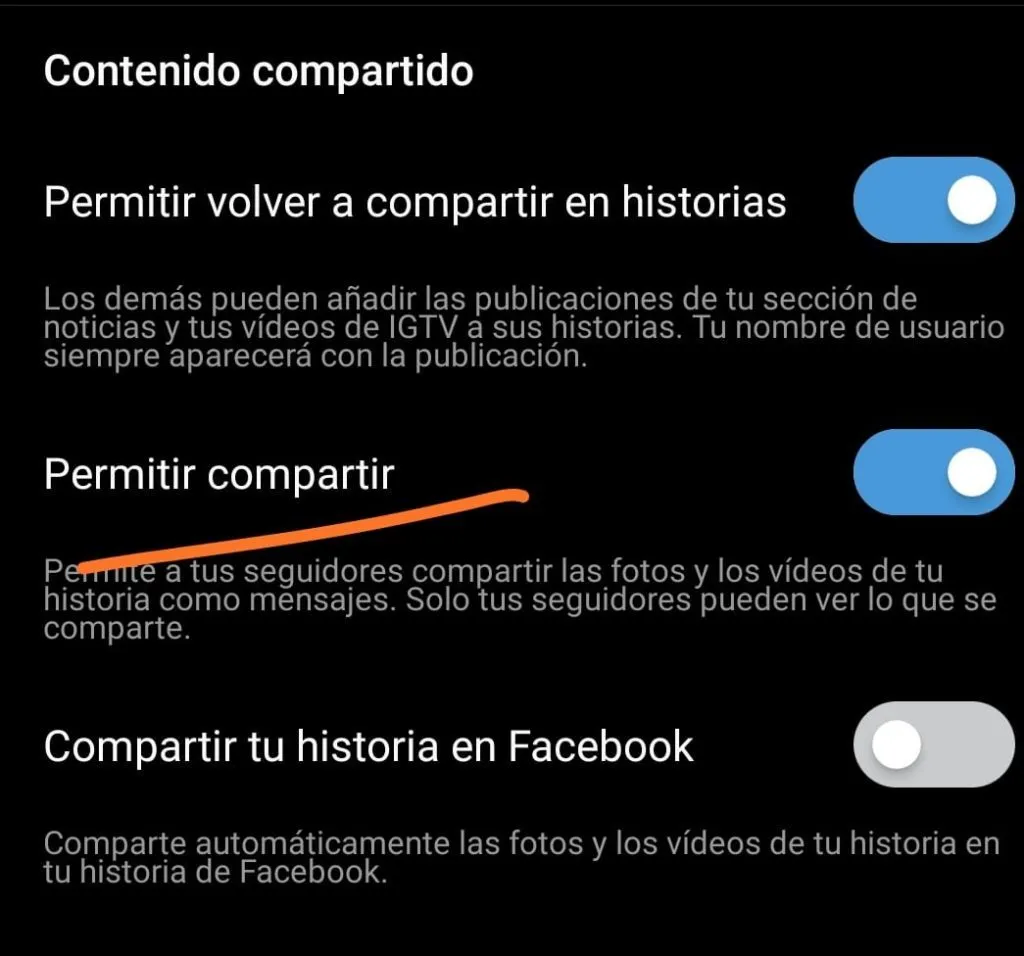permitir compartir historias instagram en configuración