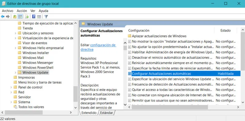 directiva configuracion local desactivar actualizaciones windows