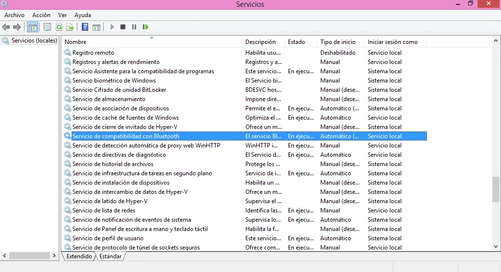 Ventana de servicios: Servicio Bluetooth en Windows