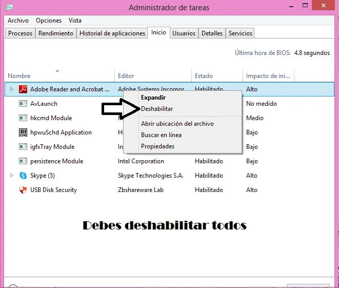 Deshabilitar todos los procesos de incio