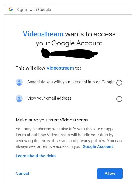 Ventana que te pregunta si le autorizas a Videostream a usar tus datos de tu cuenta de Gmail.