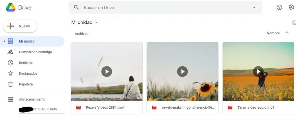 Google Drive con vídeos subidos desde nuestro ordenador.