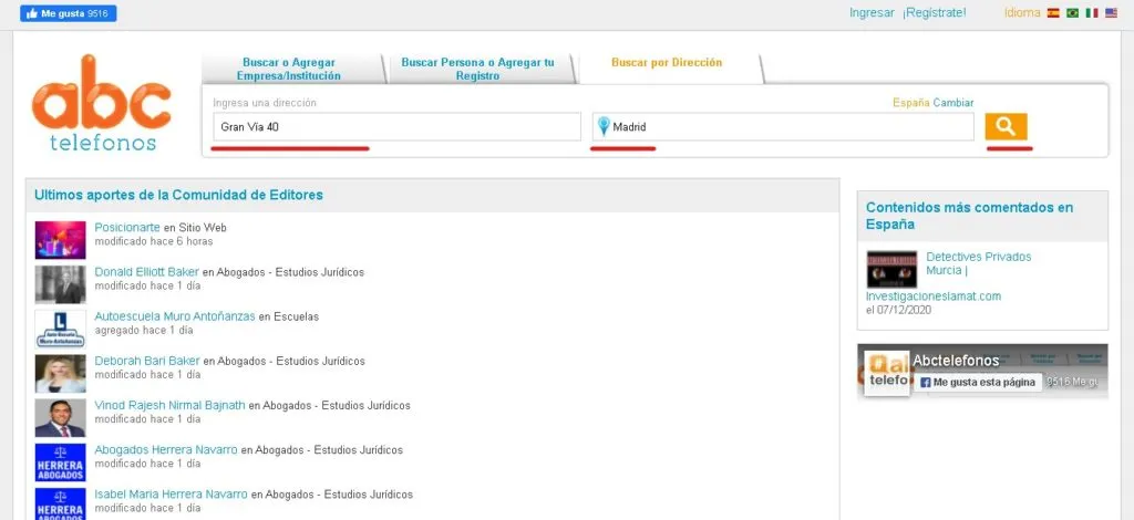 Buscar una persona por su direccion en ABC Telefono