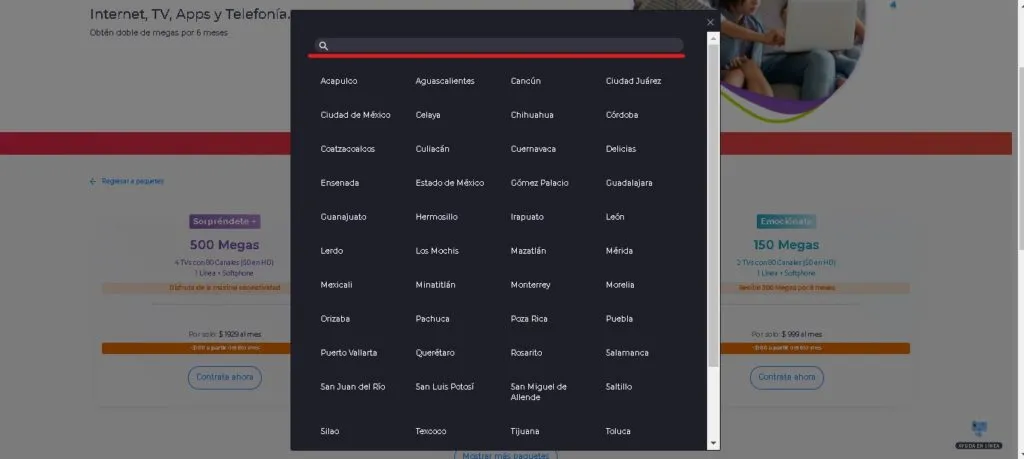 Interfaz comprobacion cobertura de Total PLay