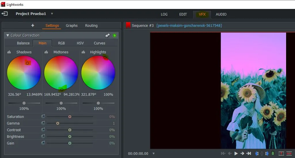 Corrector de colores de vídeos en Lightworks.