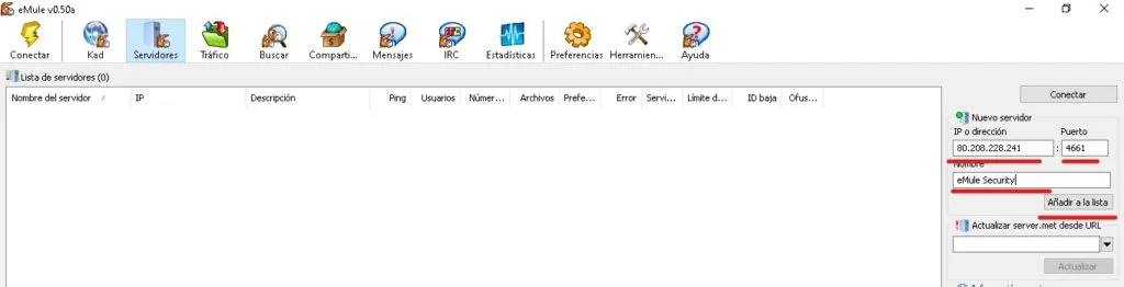 introducir los datos del servidor a emule