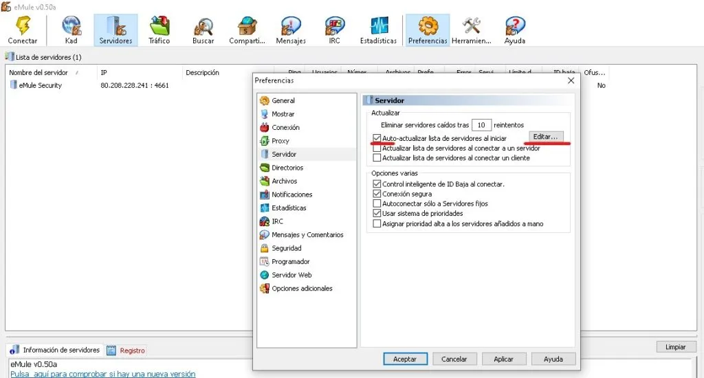 Cómo actualizar los servidores de eMule de manera automática (Server.met).