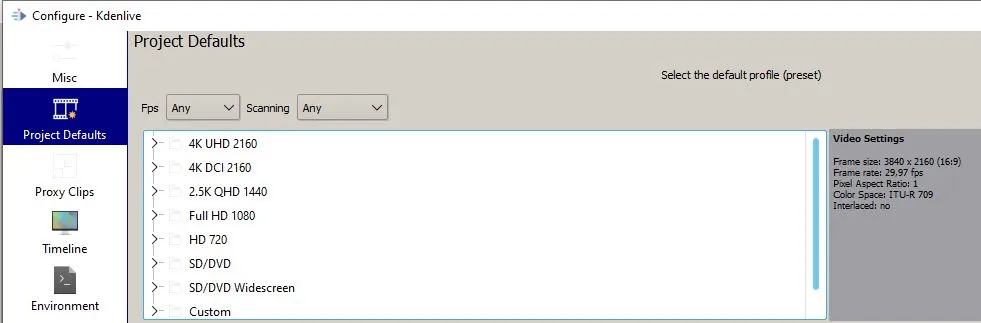 Ventana de configuración de resoluciones de vídeo de Kdenlive