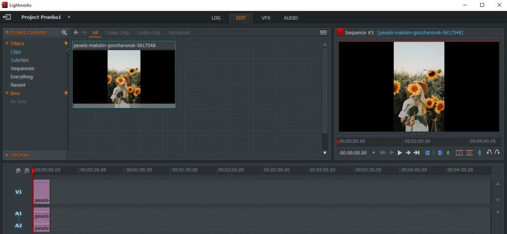 Espacio de trabajo para editar vídeos en Lightworks.