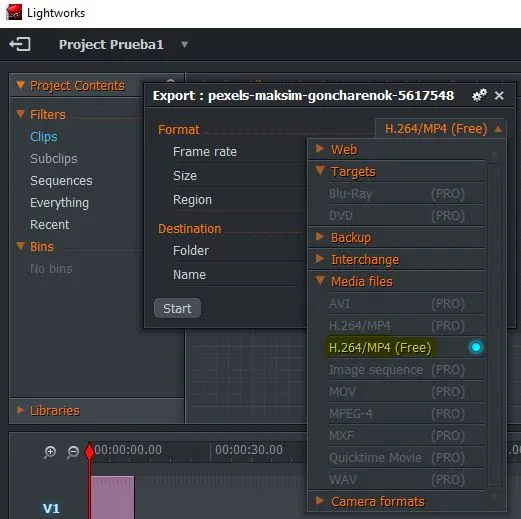 Menú para seleccionar el formato de vídeo para exportar un proyecto en Lightworks.