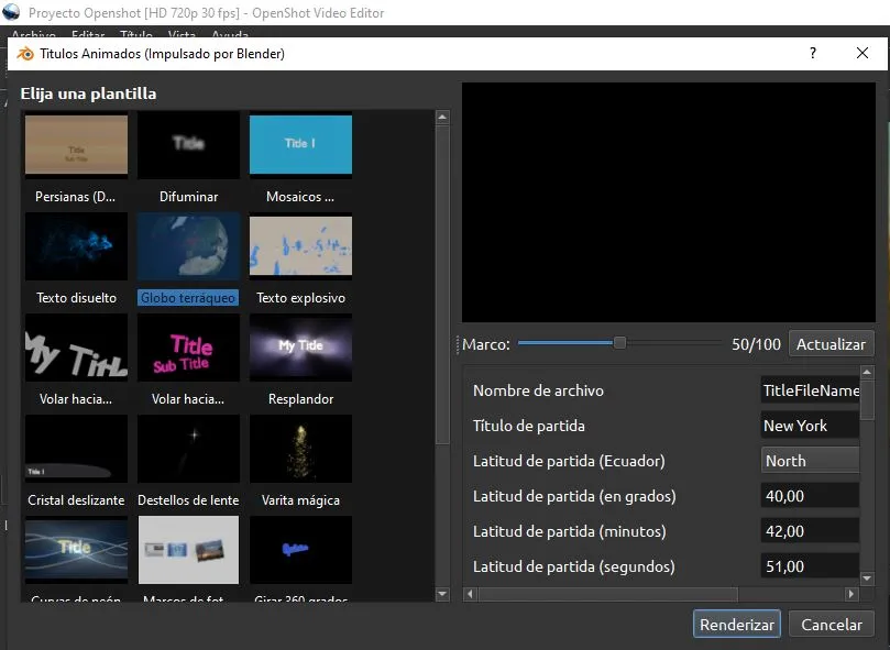 Plantillas de títulos y texto en 3D de OpenShot.