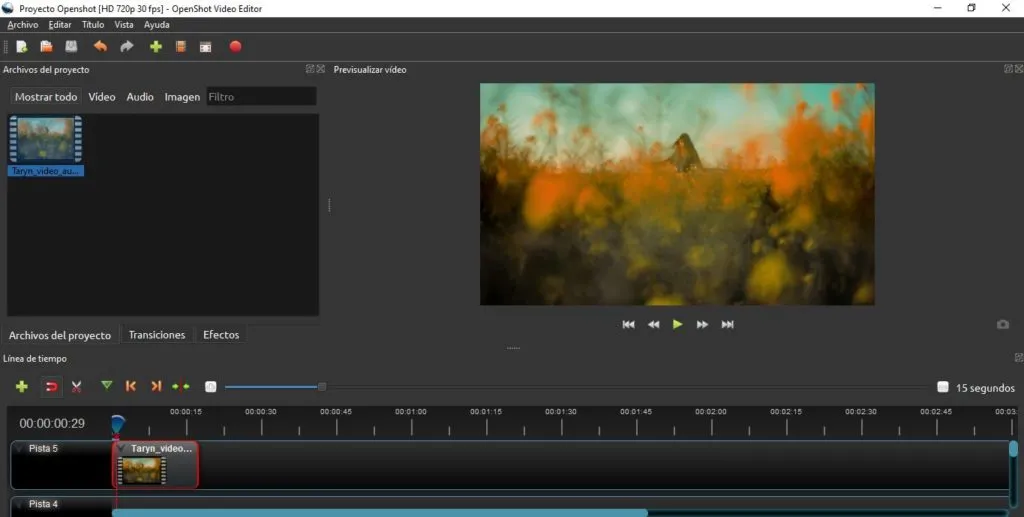Espacio de trabajo de edición de vídeo en OpenShot.