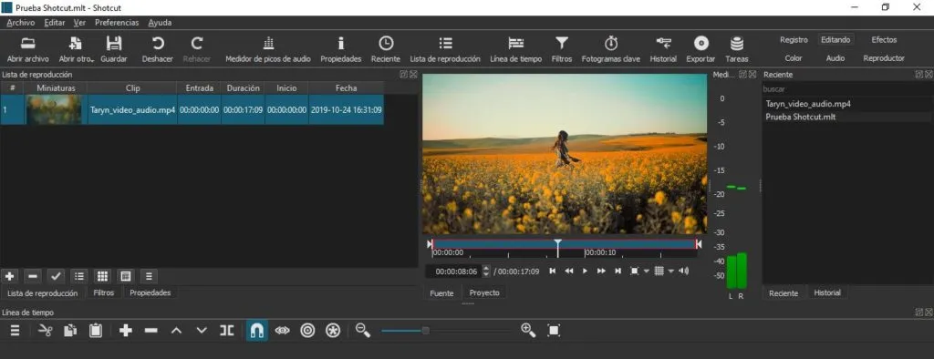 Espacio de trabajo para editar vídeos en Shotcut.