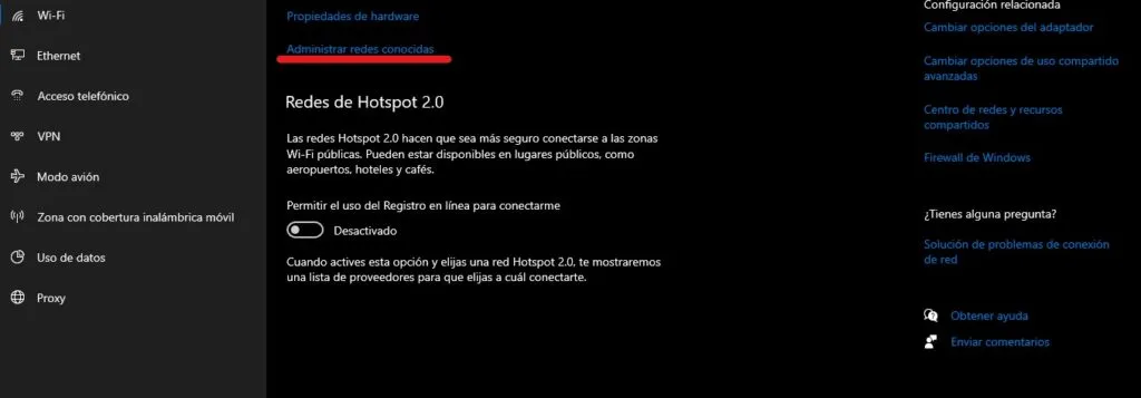 Administrar redes conocidas