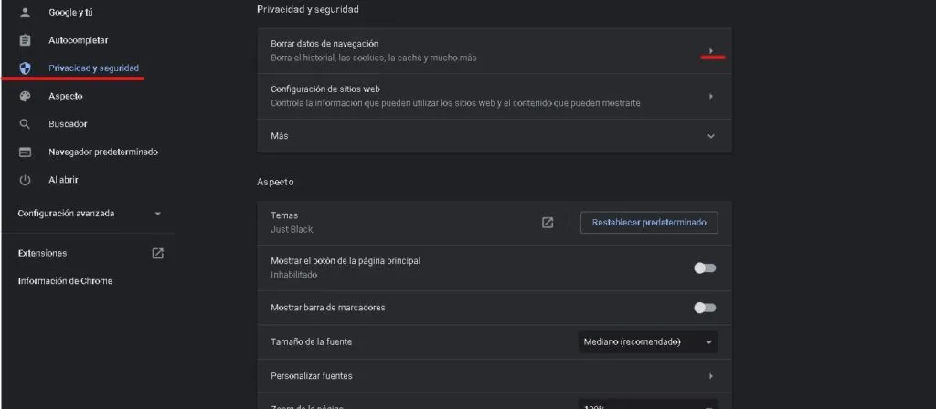 borrar datos de navegacion en google chrome