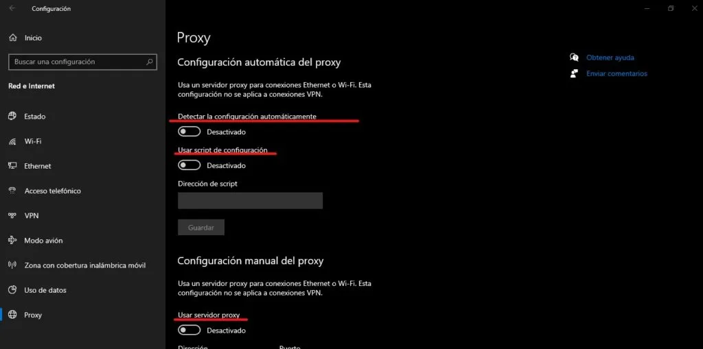 Deshabilitar opciones de Proxy en windows 10