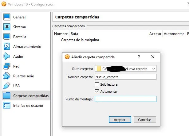 Ventana para seleccionar una carpeta para compartir en una máquina virtual del VirtualBox.