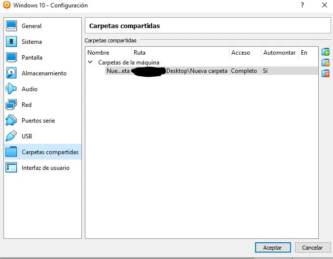Carpeta lista para compartir en la configuración de una máquina virtual en el VirtualBox.