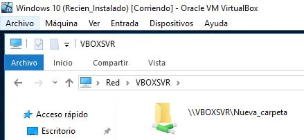 Carpeta “Nueva carpeta” compartida en red, la cual habíamos creado en la máquina anfitrión.