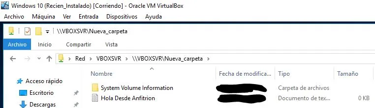 Fichero “Hola Desde Anfitrión” en la máquina virtual, el cual habíamos creado originalmente en la máquina anfitrión.