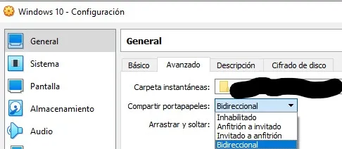 Menú desplegado de “Compartir portapapeles”, en donde aparecen las opciones “Anfitrión a invitado”, “Invitado a anfitrión” y “bidireccional”.