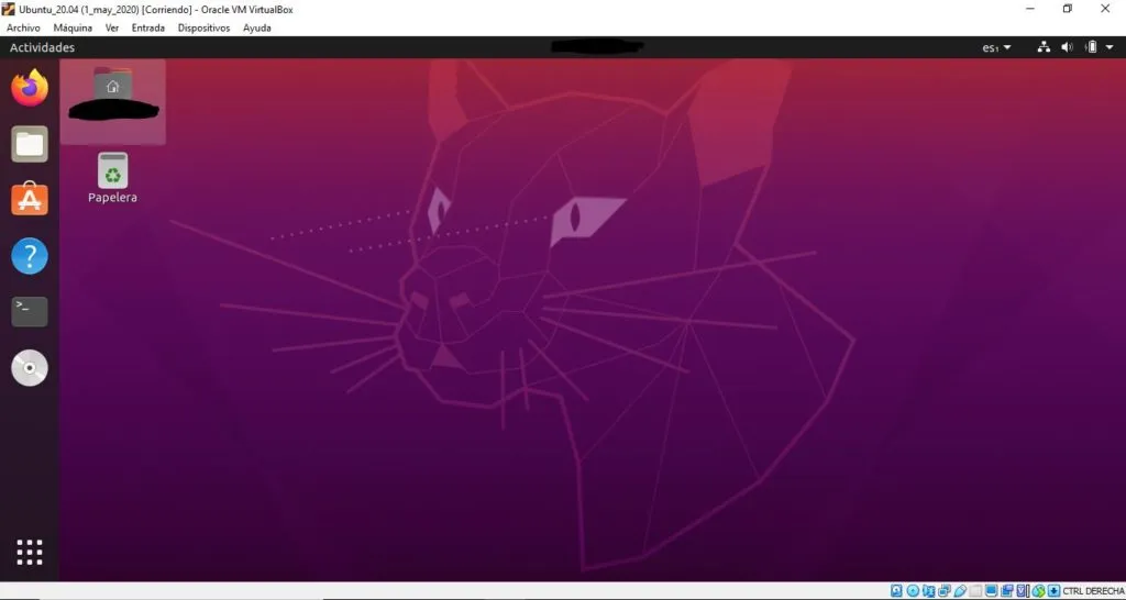 Máquina de Ubuntu con las Guest Additions instaladas, sin nada de espacio gris a los lados de la máquina.