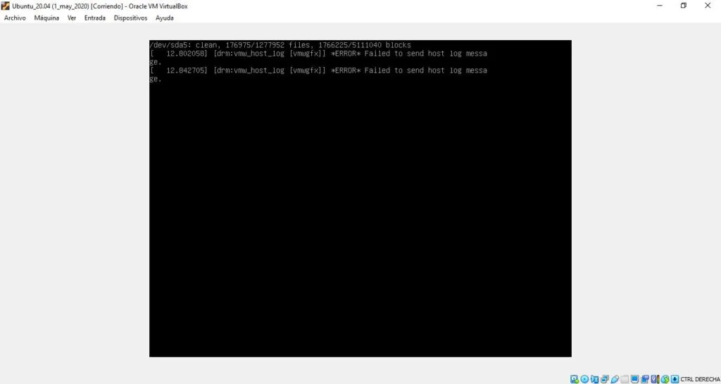 Máquina de Ubuntu sin las Guest Additions instaladas con bastante espacio gris a la derecha y a la izquierda de la máquina.