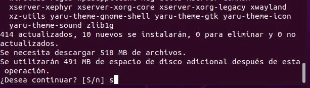 Letra “s” escrita en el terminal durante la instalación ejecutada por el “sudo apt upgrade”.
