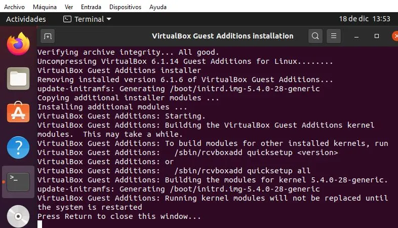 Terminal con el mensaje “Press Return to close this window”.