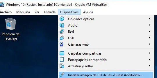 Opción “insertar imagen de CD” del menú “Dispositivos” del VirtualBox.