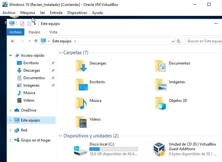 Carpeta “Unidad de CD (D:) VirtualBox Guest Additions” en “Este equipo”.