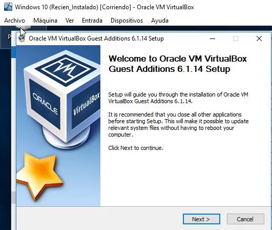 Ventana de bienvenida del instalador de las Guest Additions.