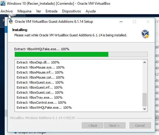 Proceso de instalación de las Guest Additions.